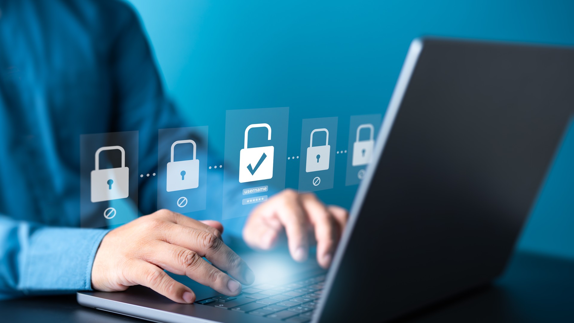 Cybersecurity awareness. People use laptop with padlock icons for secure internet network access, protect financial data transactions from cyber attack, user privacy information security encryption.